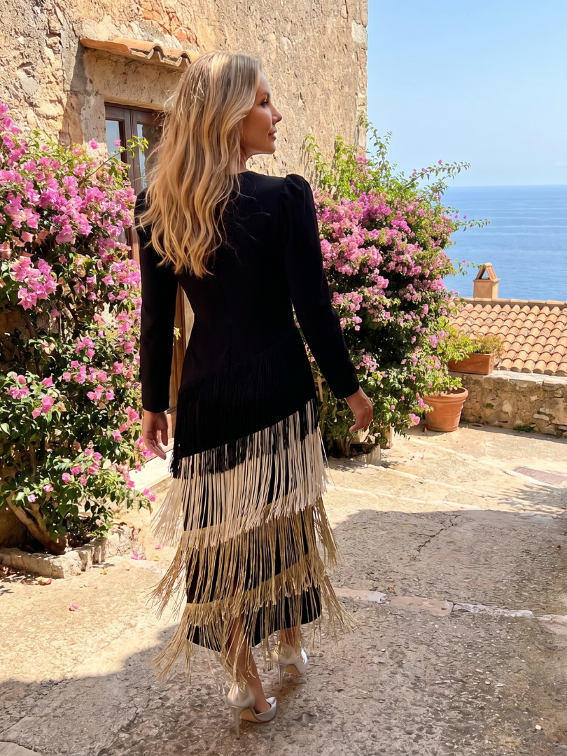 Samara | Midi Dress with Long Sleeve and Soft Fringe Skirt