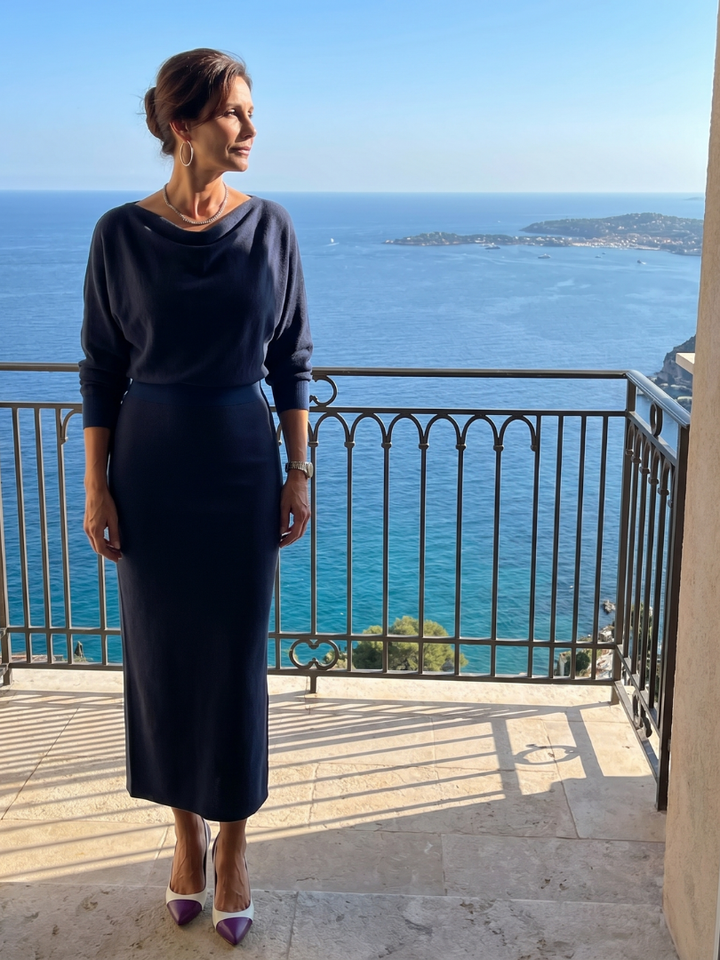 Romy | Midi Dress with Draped Neckline and Fitted Skirt