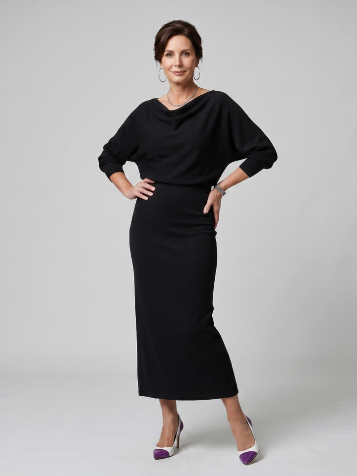 Romy | Midi Dress with Draped Neckline and Fitted Skirt