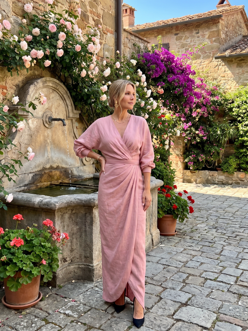 Fable | Midi Dress with Long Sleeve Wrap Overlap Skirt
