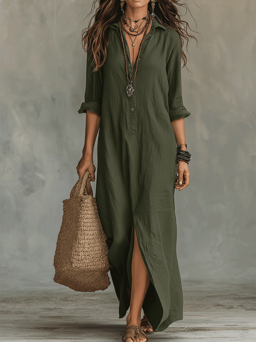 Bohemian | Black button-front shirt maxi dress
