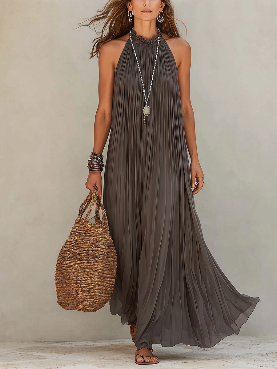 LIRA | Gray Maxi Halter Dress with Pleated Design