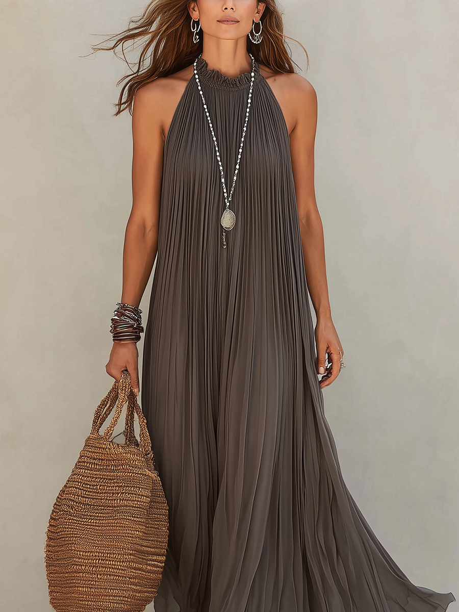 LIRA | Gray Maxi Halter Dress with Pleated Design