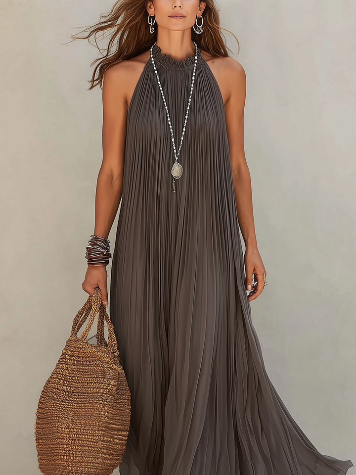 LIRA | Gray Maxi Halter Dress with Pleated Design