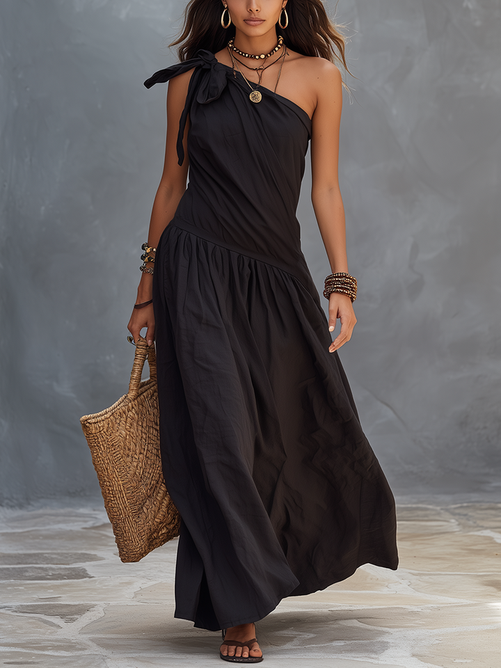SELENA | Elegant Black One-Shoulder Maxi Dress