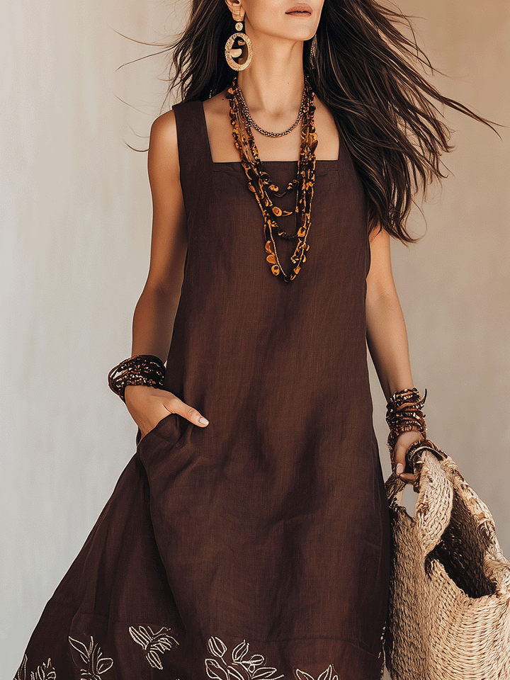 NOEMI | Boho Embroidered Midi Dress in Linen