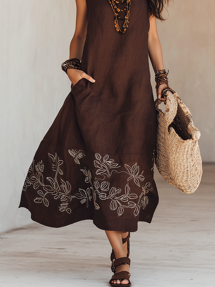 NOEMI | Boho Embroidered Midi Dress in Linen
