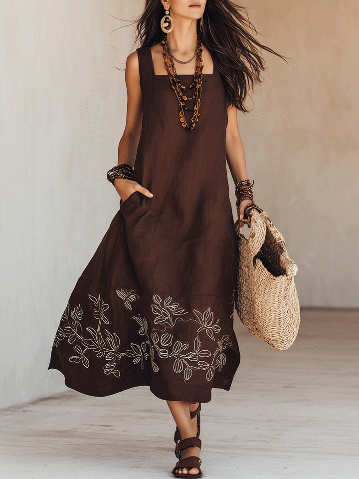 NOEMI | Boho Embroidered Midi Dress in Linen