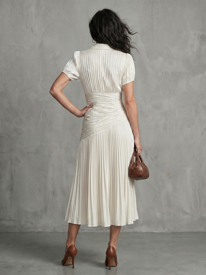 Theodora | Striped Midi Dress with Pleated Waistline