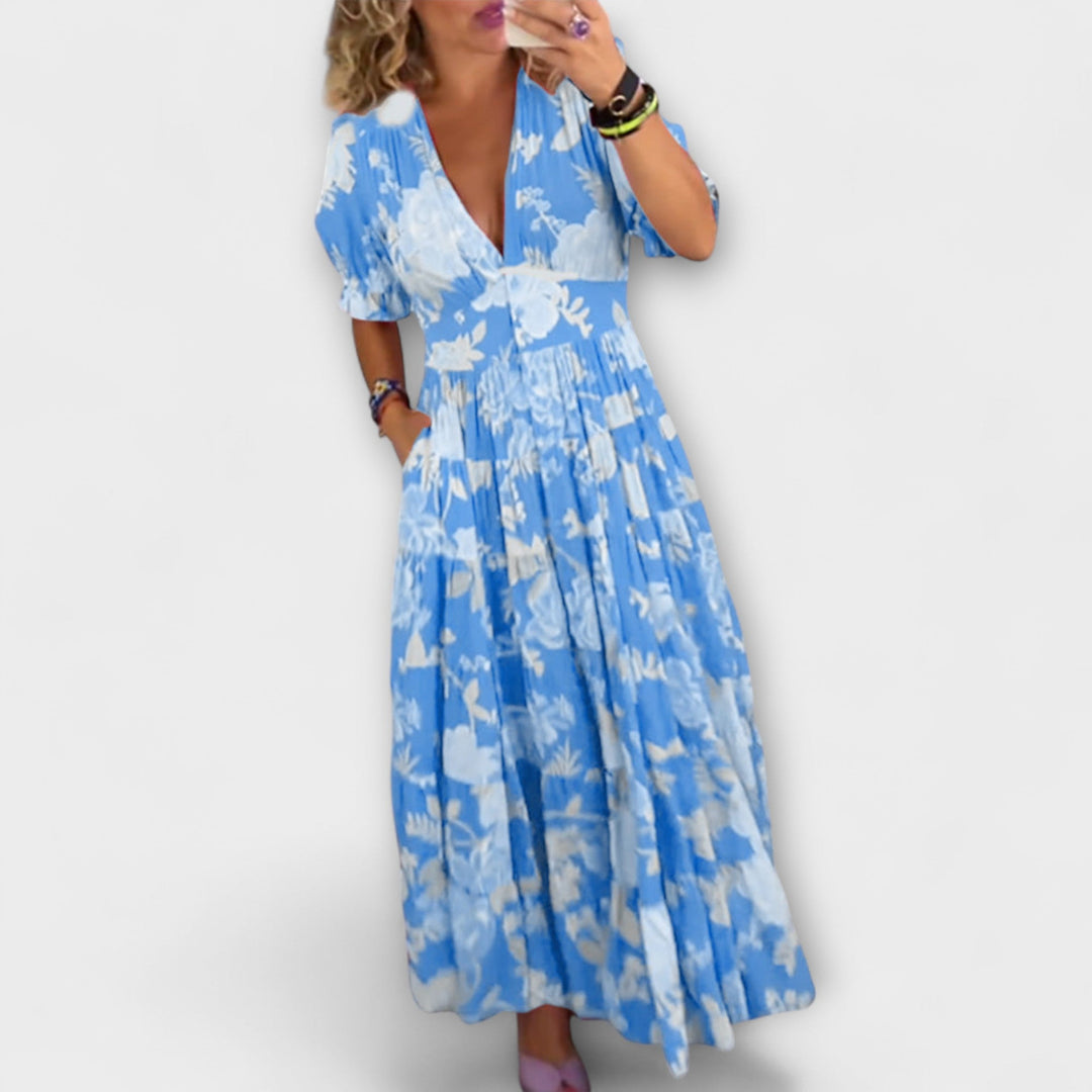 Catrisa - V-Neck Floral Dress with Pockets