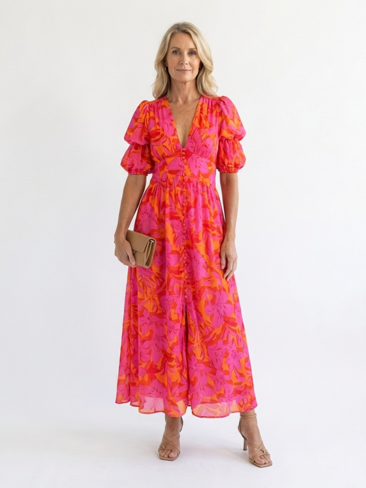 Ivy™ | Midi Dress with Floral Print and V-Neck Puff Sleeves