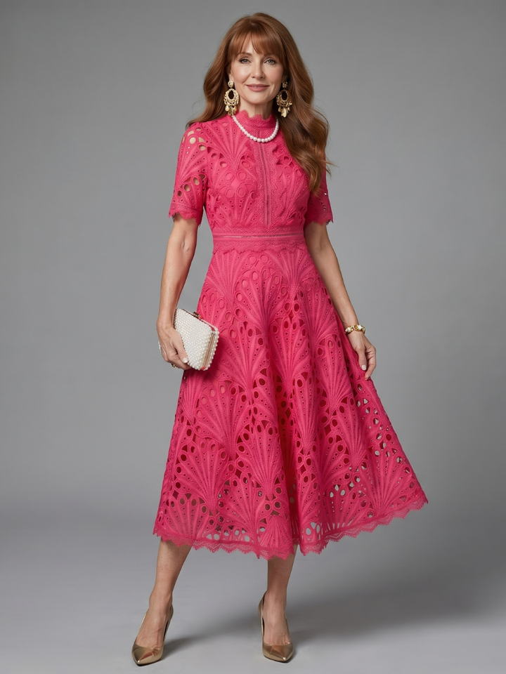 Juno | Fitted Waist Midi Dress with Short Sleeve Eyelet Lace