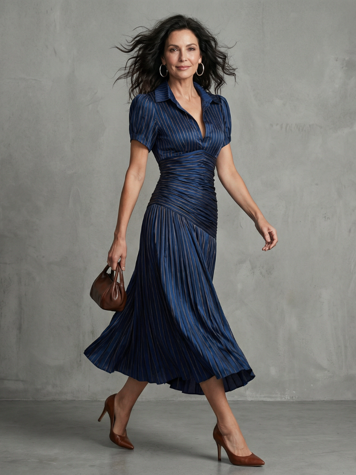 Theodora | Striped Midi Dress with Pleated Waistline