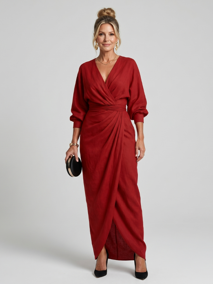 Fable | Midi Dress with Long Sleeve Wrap Overlap Skirt