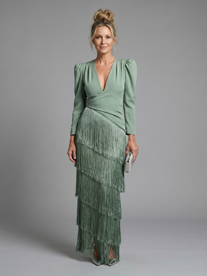 Samara | Midi Dress with Long Sleeve and Soft Fringe Skirt