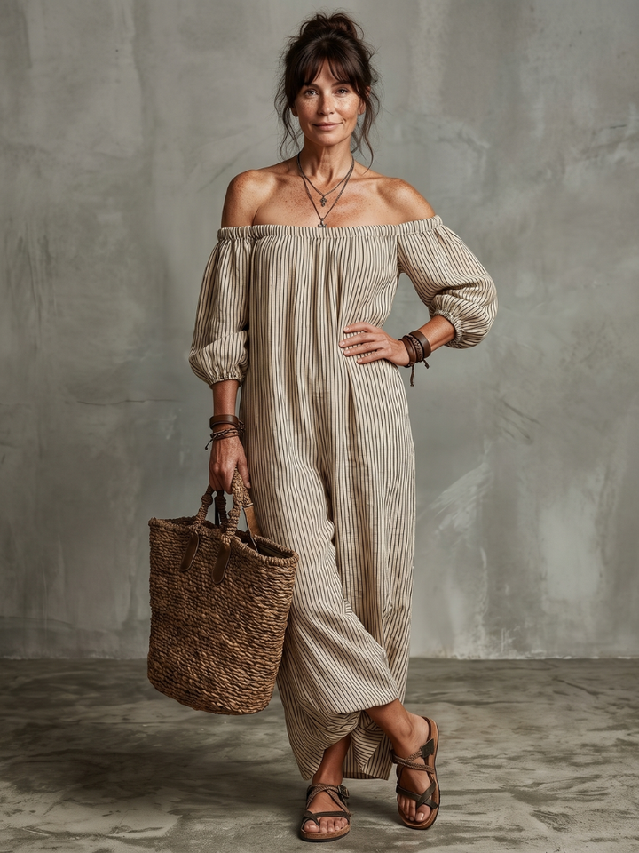Euphemia | Off-Shoulder Maxi Dress with Striped Design