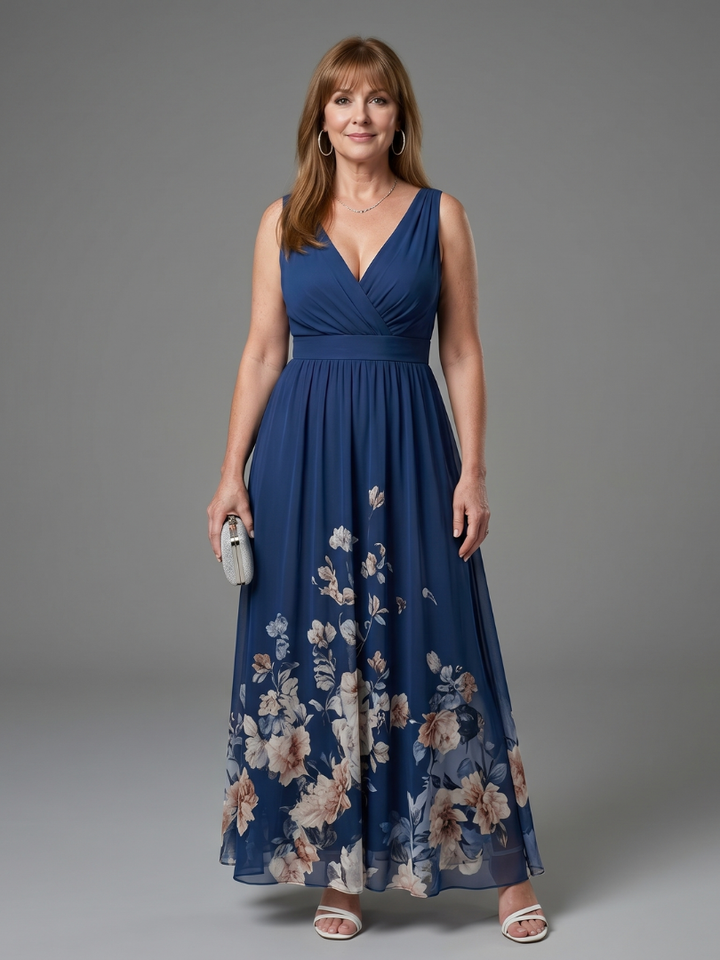 Clarissa | Floral Hem Midi Dress with Sleeveless V-Neck Design