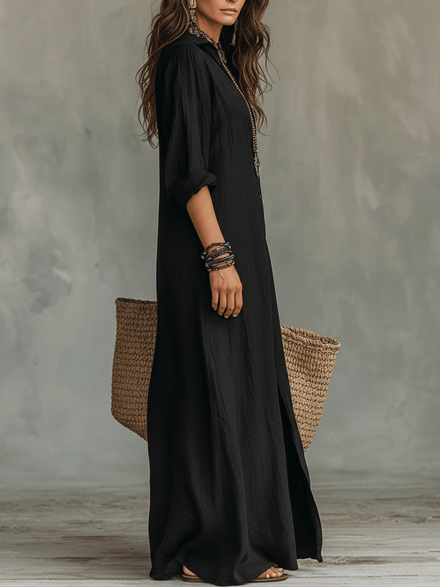 Bohemian | Black button-front shirt maxi dress