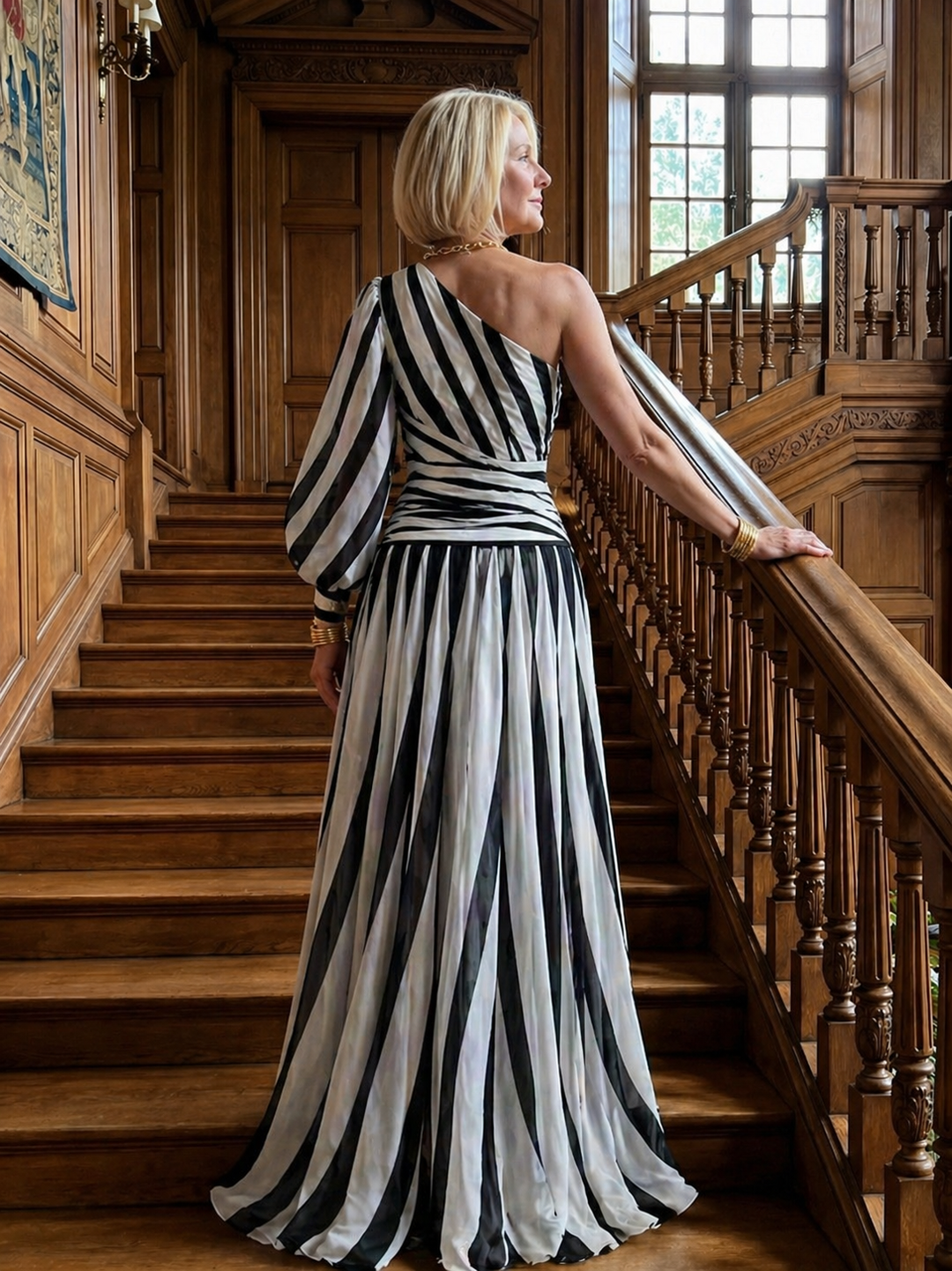 Ivy™ | Chic One-Shoulder Striped Maxi Dress