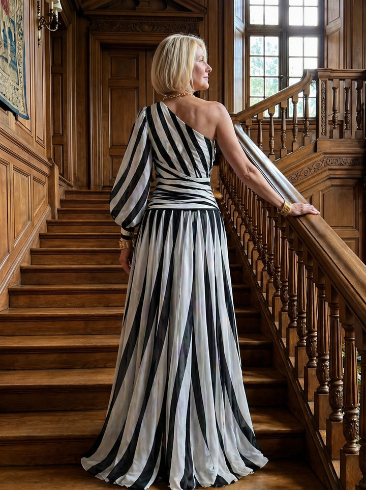Ivy™ | Elegant Striped Maxi Dress with One Shoulder