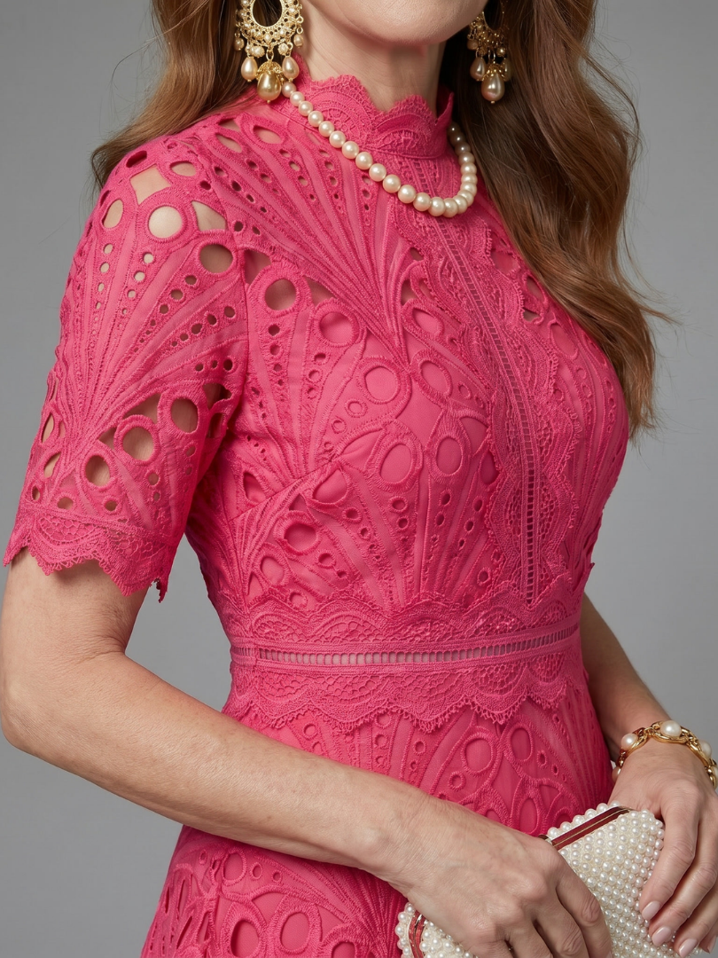 Juno | Fitted Waist Midi Dress with Short Sleeve Eyelet Lace