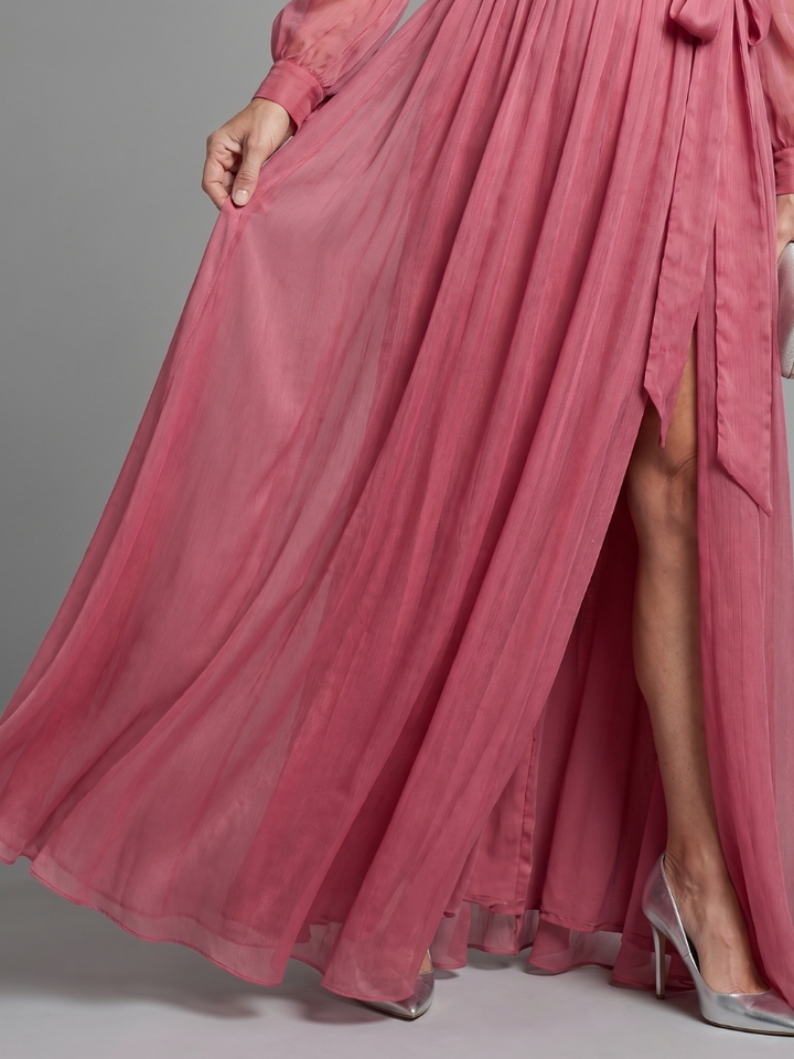 Meredith | Sheer Long Sleeve Flowing Maxi Wrap Dress