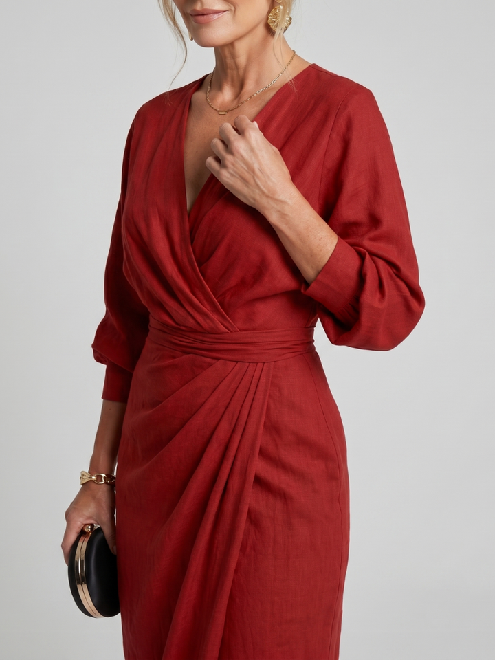 Fable | Midi Dress with Long Sleeve Wrap Overlap Skirt