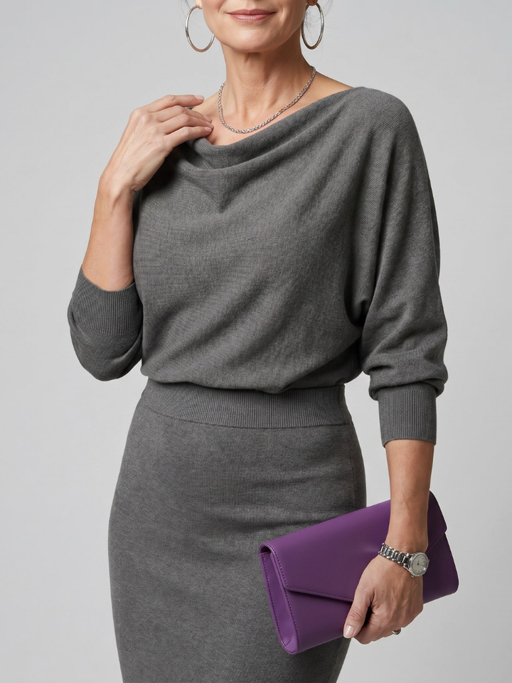 Romy | Midi Dress with Draped Neckline and Fitted Skirt