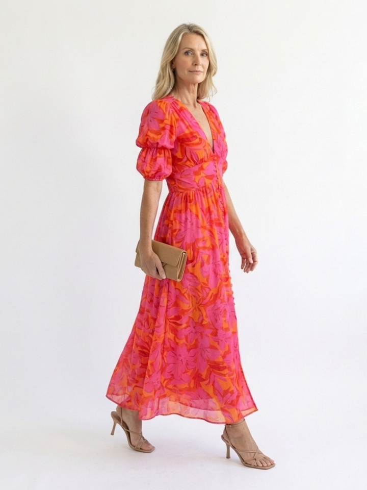 Ivy™ | Midi Dress with Floral Print and V-Neck Puff Sleeves