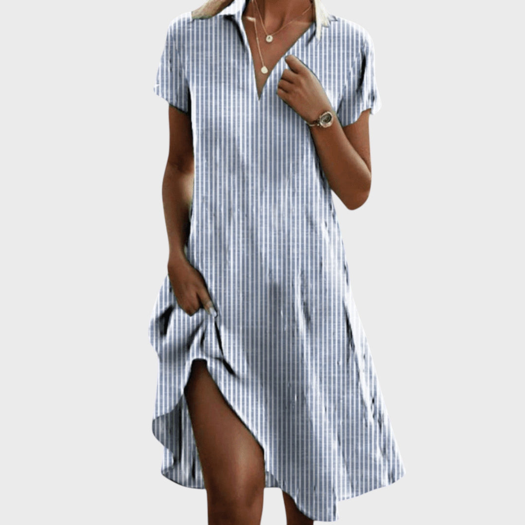Eszter - Women's Summer V-Neck Short Sleeve Dress with Pocket