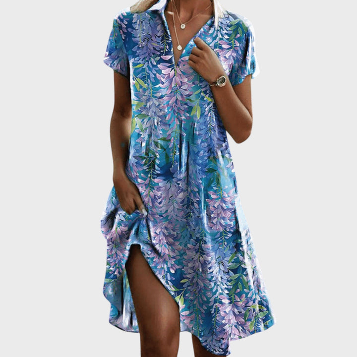 Eszter - Women's Summer V-Neck Short Sleeve Dress with Pocket