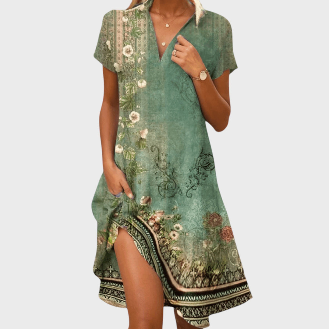 Eszter - Women's Summer V-Neck Short Sleeve Dress with Pocket