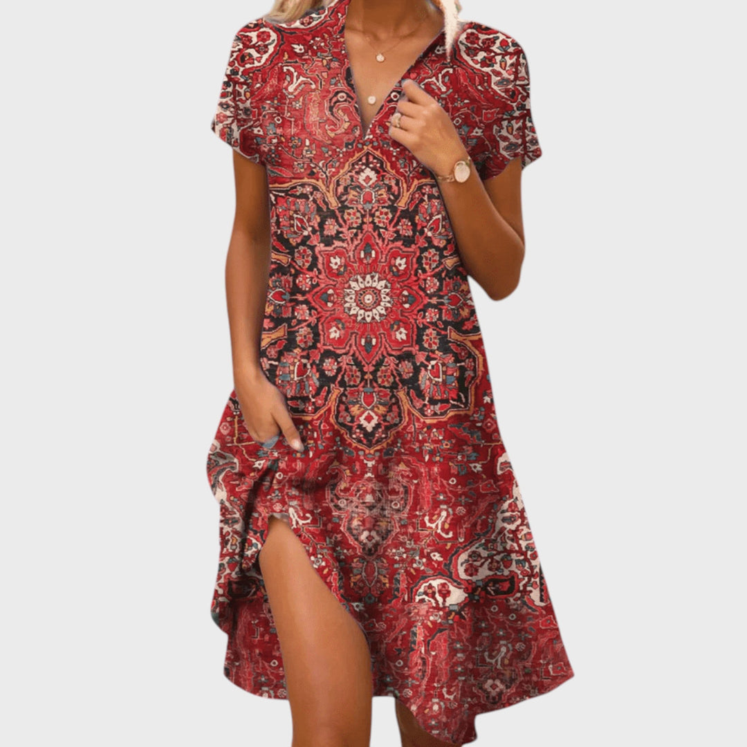 Eszter - Women's Summer V-Neck Short Sleeve Dress with Pocket