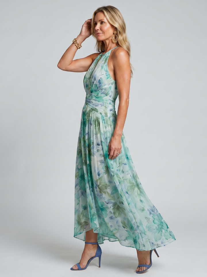 Portia | Floral Print Pleated Halter Midi Dress