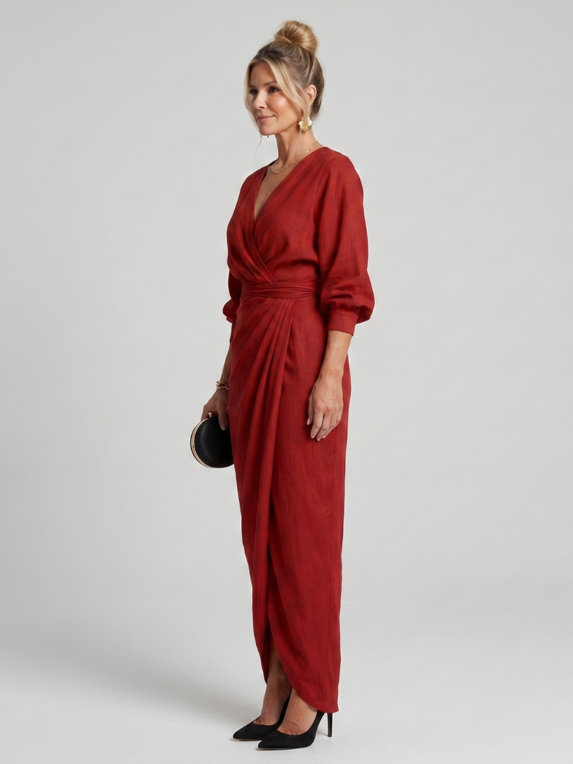 Fable | Midi Dress with Long Sleeve Wrap Overlap Skirt