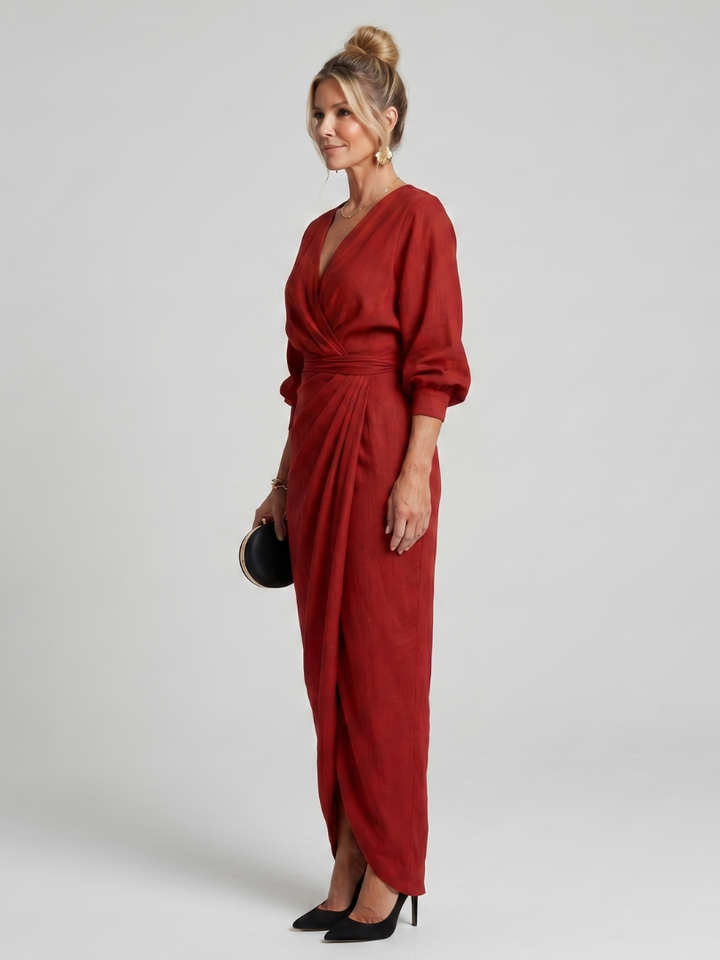 Fable | Midi Dress with Long Sleeve Wrap Overlap Skirt