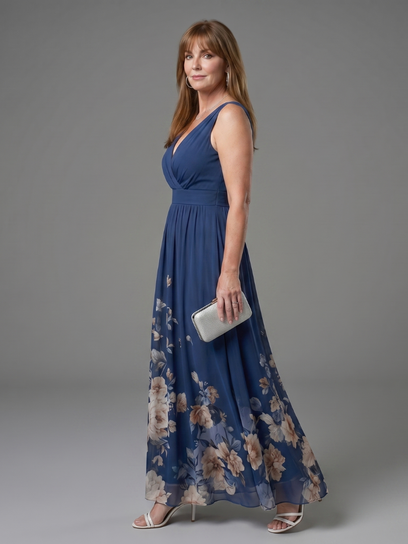 Clarissa | Floral Hem Midi Dress with Sleeveless V-Neck Design