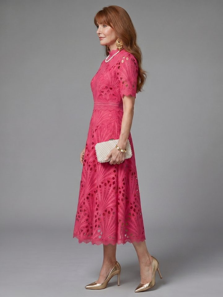 Juno | Fitted Waist Midi Dress with Short Sleeve Eyelet Lace