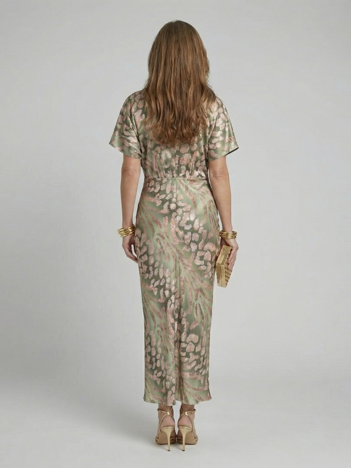 Ivy™ | Abstract Print V-Neck Midi Dress with Twist Waist