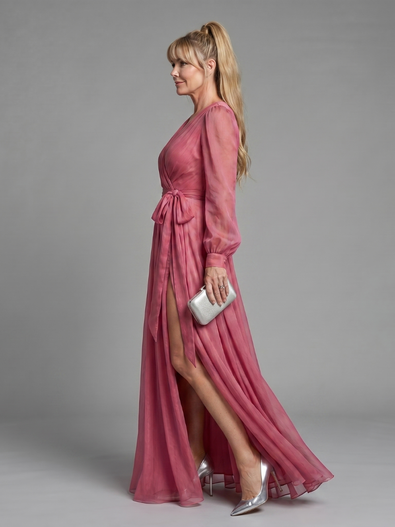 Meredith | Sheer Long Sleeve Flowing Maxi Wrap Dress
