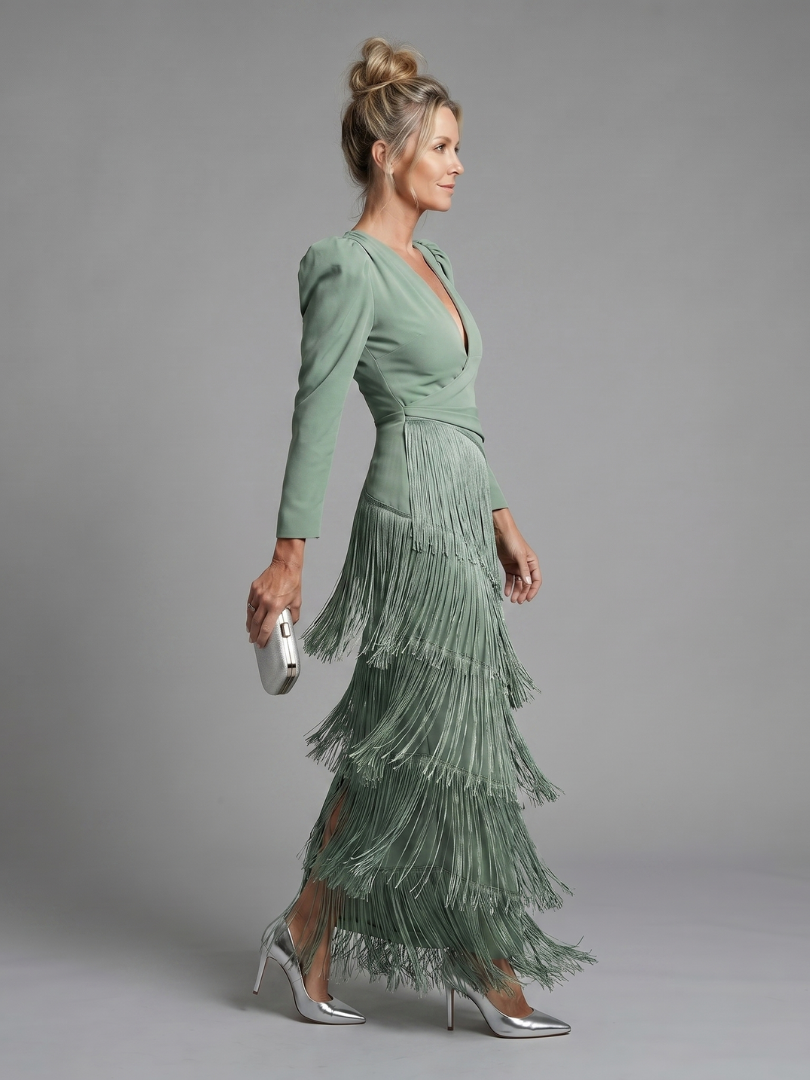 Samara | Midi Dress with Long Sleeve and Soft Fringe Skirt