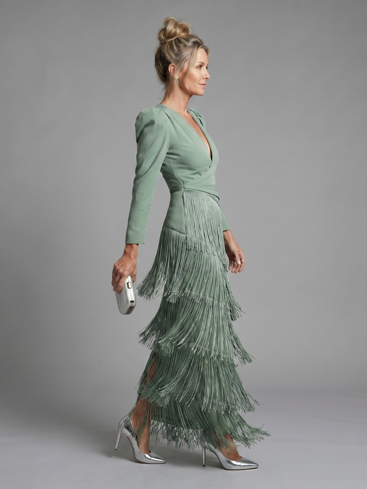 Samara | Midi Dress with Long Sleeve and Soft Fringe Skirt