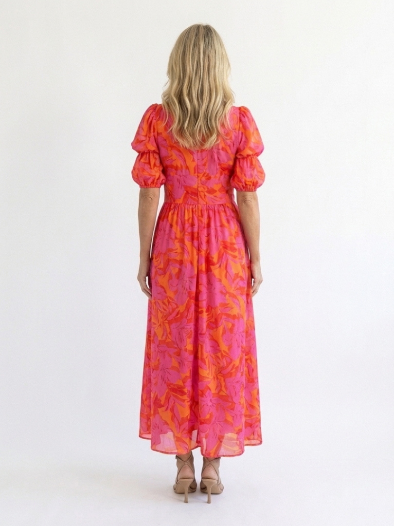 Ivy™ | Midi Dress with Floral Print and V-Neck Puff Sleeves