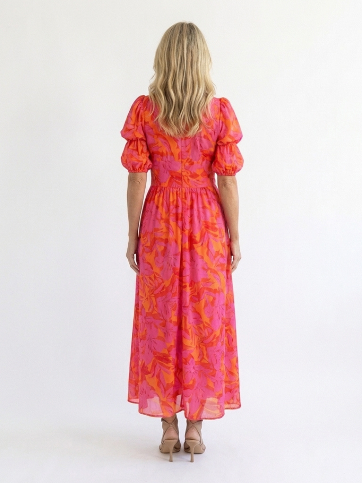 Ivy™ | Midi Dress with Floral Print and V-Neck Puff Sleeves