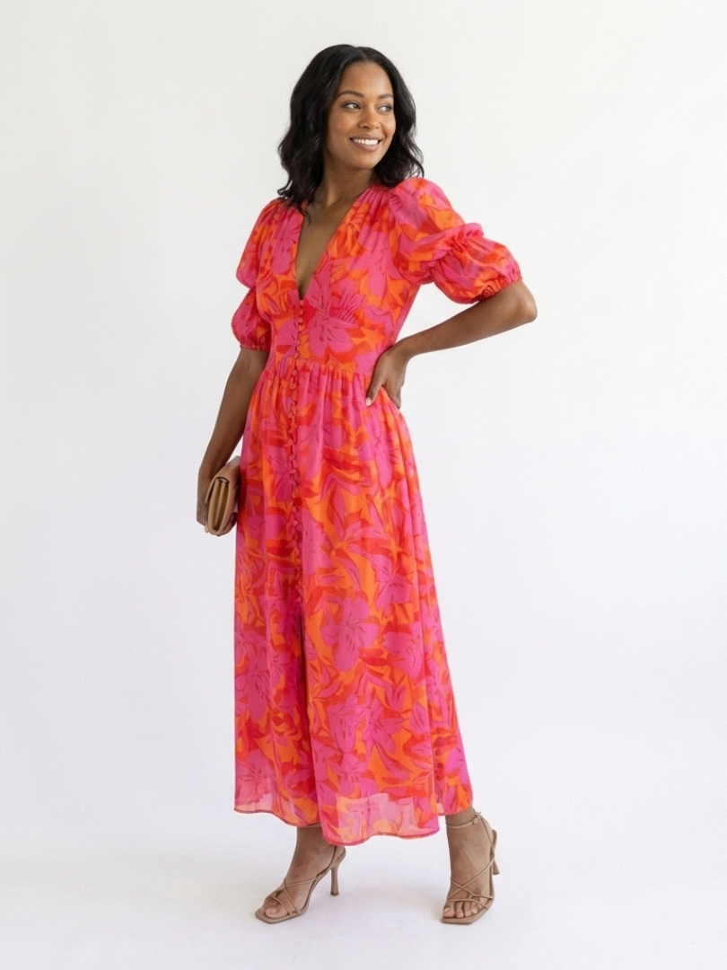 Ivy™ | Midi Dress with Floral Print and V-Neck Puff Sleeves
