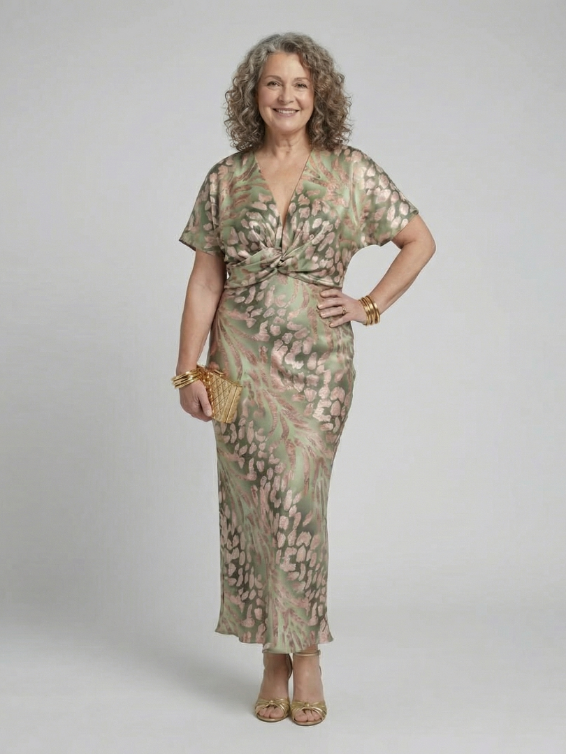 Ivy™ | Abstract Print V-Neck Midi Dress with Twist Waist