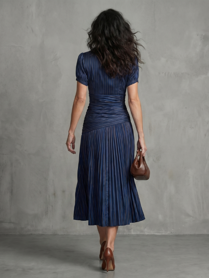 Theodora | Striped Midi Dress with Pleated Waistline