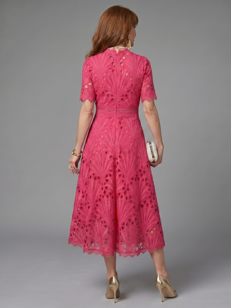 Juno | Fitted Waist Midi Dress with Short Sleeve Eyelet Lace