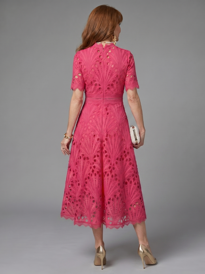 Juno | Fitted Waist Midi Dress with Short Sleeve Eyelet Lace