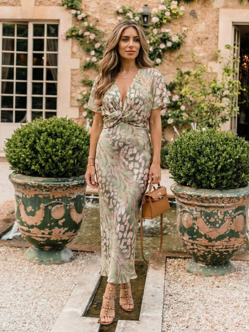 Ivy™  | Abstract Print V Neck Twist Waist Midi Dress